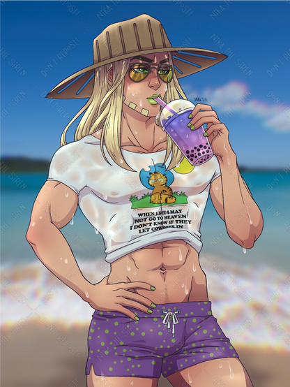 Digital illustration of Gyro Zeppeli from Jojo's Bizarre Adventure: Steel Ball Run at the beach, all wet, drinking a purple-pink boba tea, wearing his typical hat, a pair of polarized pilot sunglasses, and a purple with green dots swimwear. He's also wearing a white t-shirt showing Garfield with a cowboy hat, and the text "When I die I may not go to heaven, I don't know if they let cowboys in".