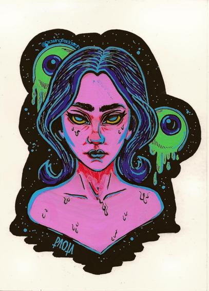 Retrato creativo femenino en colores intensos y fondo negro, estética dope, lsd.
Creative female portrait in vibrant colors and black layout. Dope and lsd style.