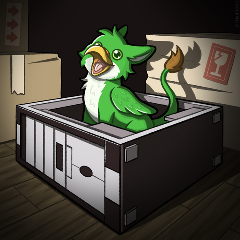 a digital drawing of a green gryphon sitting inside of a computer tower.