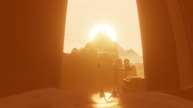 Screenshot from the game Journey with two players silhouetted against a sunset, a large ruined city and mountain in the distance, the sun haloed behind them