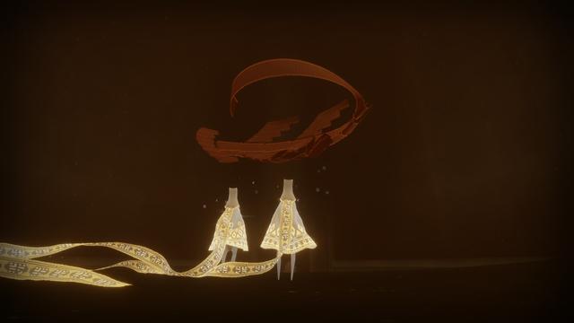 Screenshot from the game Journey with two white robe players looking at a 'fabric whale' as it circles an interior space