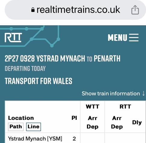 A screen from RealTimeTrains showing train departure info.