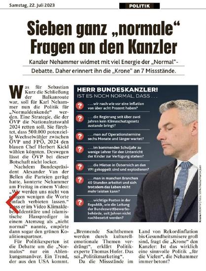 Artikel in der Kronen Zeitung, der sehr kritische Fragen an Bundeskanzler Nehammer stellt