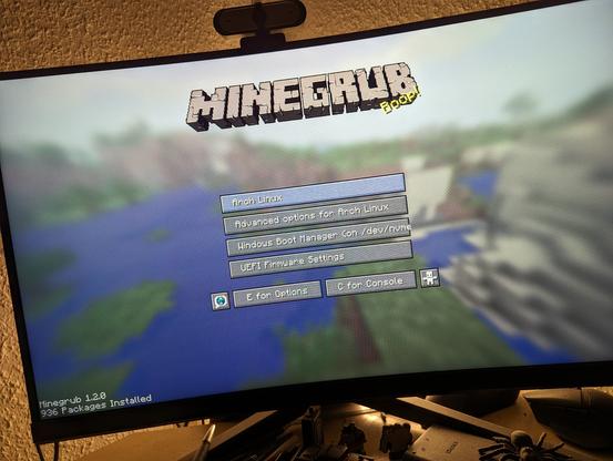 A themed grub boot-screen in the style of the classic minecraft main menu.