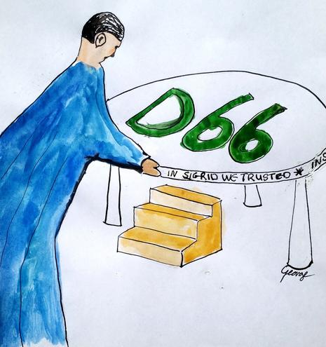 Kleuren / Oostindische tekening. Links een blauwe `handpop` met een strak zwart kapsel. In het midden een tafel met daarop in het groen geschreven D66. Onder de tafel geschoven een geel drie-treden-trapje. De hand van de pop schuift óf het trapje onder de tafel óf wil het juist eronder vandaan halen. In de tafelrand staat: * In Sigrid we trusted * In Si…