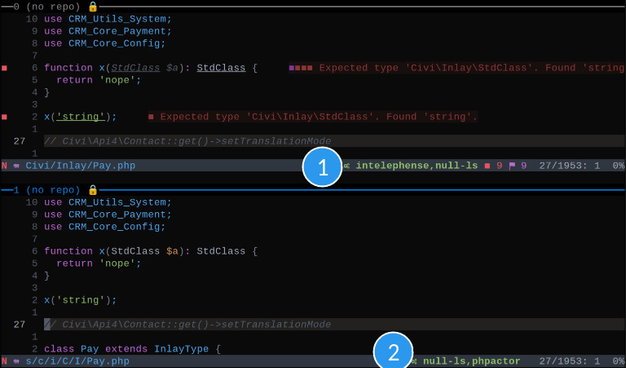 A screenshot of 2 neovim instances, top running intelephense, bottom phpactor. The top one shows two errors in my function that is supposed to take a StdClass object and return one but returns a string. The second error shows the function being called with a string. The Phpactor version does not show any errors.
