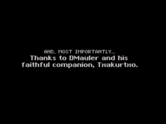 Secret of Evermore jokoaren azken irudia. Honela dio: "AND, MOST IMPORTANTLY... Thanks to DMauler and his faithful companion, Txakurtxo.