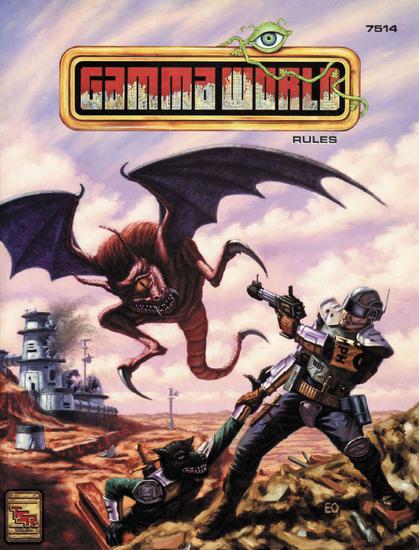 Cover from the 4th Edition Gamma World core book.
A human in body armor (partly constructed from a speed limit sign) uses his righr hand to assist a humanoid with the head of a wolf up a hill. The human's left hand points a futuristic gun at a bear-sized flying monster.
The monster has one eye, wings like a bat, horns, a long tail ending in a spike, and two legs, each of which has a single long talon at the end.
The background is barren except for a high tech looking structure in the distance which eminates dark smoke.
