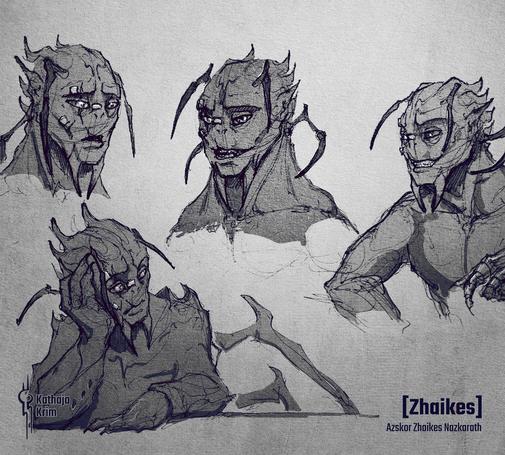 A page with four drawings of the same alien character showing different emotions. The top left looks sad, the middle is quite neutral and a little smug, the right sports a confident flirty grin and the one on the bottom is pensive and kinda devastated. In the left bottom corner is a logo and in the right bottom corner is a text:
[Zhaikes]
Azskor Zhaikes Nazkarath