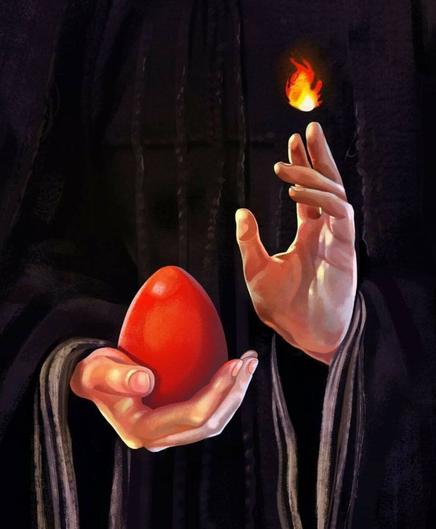 Painting of a close up of a torso and two hands. One is holding a large red egg, the other in a mudra of blessing with a small flame above the fingers.