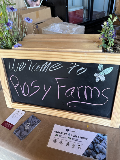 A small black chalkboard framed in blond woods; a handwritten sign in chalk reads “Welcome to Rosy Farms.” With Rosy Farms written in pink chalk.in the top right corner is a drawing of a bunch of haskap berries