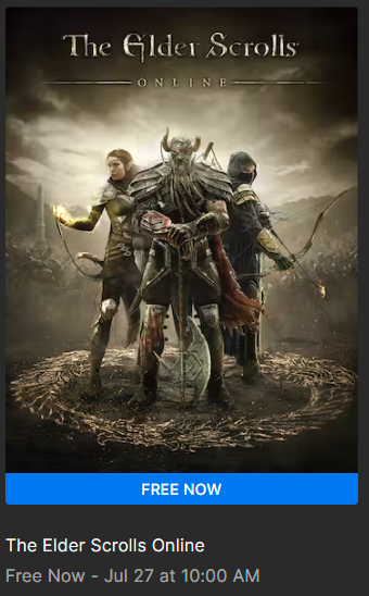 Picture of Elder Scrolls Online game cover with free now below it. Free until July 27.
