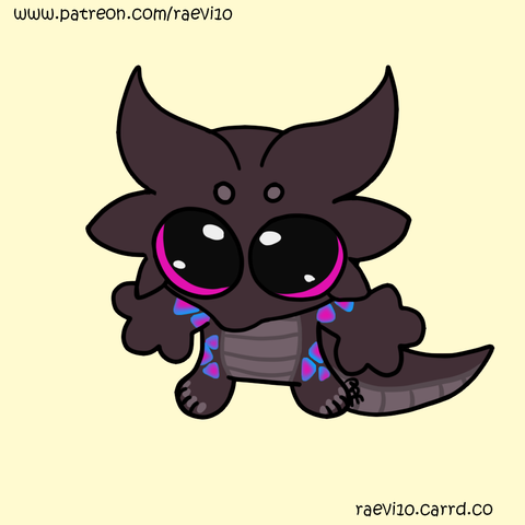 a skrunkle meme drawover of a warm gray kobold with magenta accents