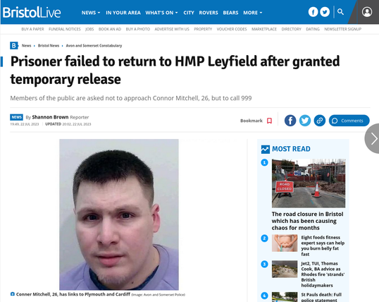 Headline - Prisoner failed to return to HMP Leyfield after granted temporary release