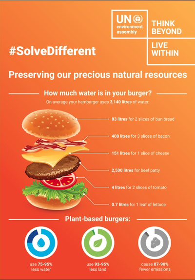 UN©
environment
assembly
#SolveDifferent
THINK
BEYOND
LIVE
WITHIN
Preserving our precious natural resources
How much water is in your burger?
On average your hamburger uses 3,140 litres of water:
- 83 litres for 2 slices of bun bread
408 litres for 3 slices of bacon
+ 151 litres for 1 slice of cheese
2,500 litres for beef patty
- 4 litres for 2 slices of tomato
0.7 litres for 1 leaf of lettuce
Plant-based burgers:
use 75-95%
less water
use 93-95%
less land
cause 87-90%
fewer emissions