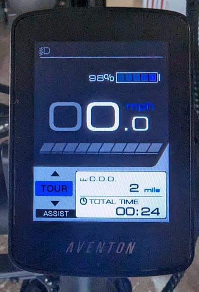 Image of the bike screen showing stats, 2 miles ridden in 24 minutes
