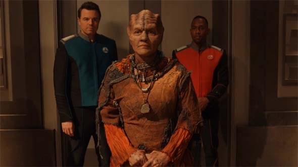 The captain of the Orville, a female moclan, and the helmsman of the Orville