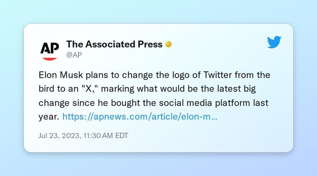Elon Musk plans to change the logo of Twitter from the bird to an "X," marking what would be the latest big change since he bought the social media platform last year.  https://t.co/FkCI0ysdMX