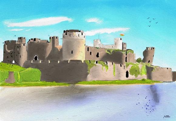 A digital watercolour painting of Caerphilly Castle, standing next to one of the surrounding lakes, in the afternoon sunshine.