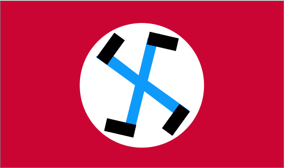 It's a sort of a flag. A red field with a white circle in the middle. Inside the circle is a Twitter-blue X that has some strange appendages on each arm of the X at right angles to the font.  Overall the 'flag' is vaguely familiar.