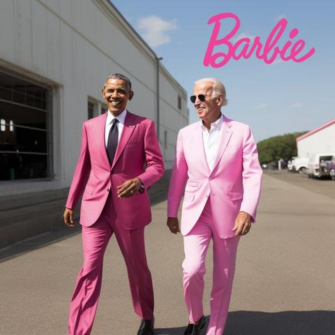 Obama and Biden, in pink suits, the word "Barbie" written in following pink script