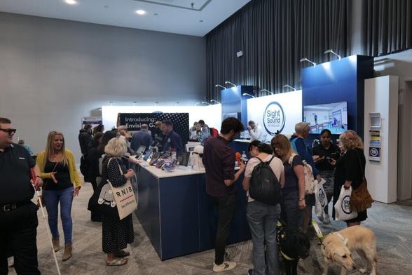 Sight and Sound Technology stand at Sigh Village Central 2023 with many visitors. Hable One, Envision and Hims SensePlayer being demonstrated.