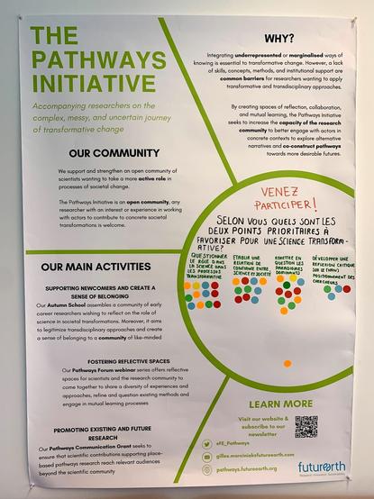 A white background poster titled "The Pathways Initiative". A large circle on the right side shows handwritten text that invites participants to place a sticker on the poster under the option that they retain the most appropriate. The question asks "What are the two priority points to favor for a transformative science?".