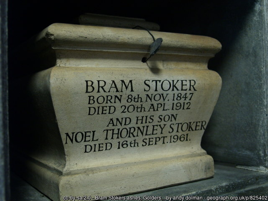 A cremation urn in a niche, inscribed with the details of Bram Stoker and his sun