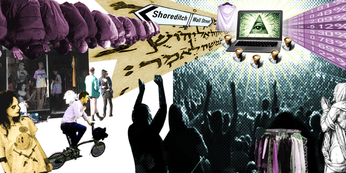 A collage of images - praying men; a cyclist ; a crowd worshipping a Mac laptop on which is shown the “all seeing eye@ of a dollar bill and and stream of Hebrew text emanating from it. A floating street sign says” Shoreditch-> Wall St”