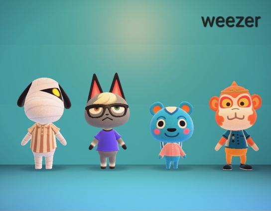 Animal Crossing: New Horizons screenshot. Four islanders (Lucky, Raymond, Filbert, Tiansheng from left to right) standing in a line in an all blue room. The word "weezer" is in black, all lowercase lettering in the upper right corner of the picture. The islanders are dressed to look like the members of the band Weezer on the cover of their "Blue album"