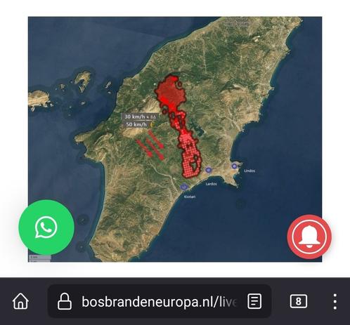 Plaatje van de site bosbrandeneuropa.nl van het eiland Rhodos. Er is rood gemarkeerd waar de branden zijn: zuis-oost. Bekeken vanaf het plaatje is dat behoorlijk centraal op het eiland. Zeg maar ongeveer van de plaats Lardos tot Embonas.