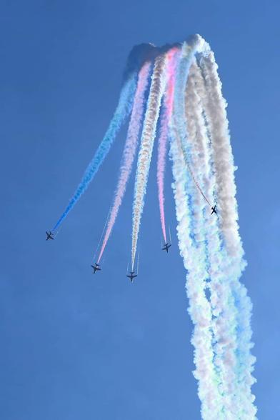 The amazing Red Arrows, flying at RAF Lossimouth last weekend.
Flying approximately 650-700mph while only inches from each other. 
Every show an unforgettable event.