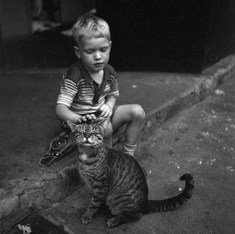 Black and white photo of a little blonde white boy sitting on a curb, looking down at a shorthaired tabby cat which is blissfully receiving the boy's pets on its head.