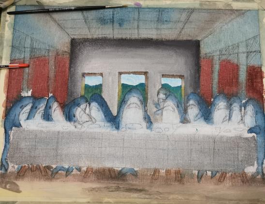 The last supper underpainting, but with blahaj