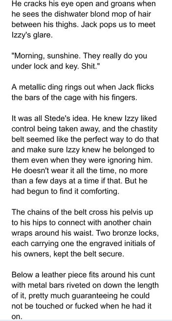 He cracks his eye open and groans when he sees the dishwater blond mop of hair between his thighs. Jack pops us to meet Izzy's glare.


"Morning, sunshine. They really do you under lock and key. Shit."


A metallic ding rings out when Jack flicks the bars of the cage with his fingers.


It was all Stede's idea. He knew Izzy liked control being taken away, and the chastity belt seemed like the perfect way to do that and make sure Izzy knew he belonged to them even when they were ignoring him. He doesn't wear it all the time, no more than a few days at a time if that. But he had begun to find it comforting.


The chains of the belt cross his pelvis up to his hips to connect with another chain wraps around his waist. Two bronze locks, each carrying one the engraved initials of his owners, kept the belt secure.


Below a leather piece fits around his cunt with metal bars riveted on down the length of it, pretty much guaranteeing he could not be touched or fucked when he had it on.
