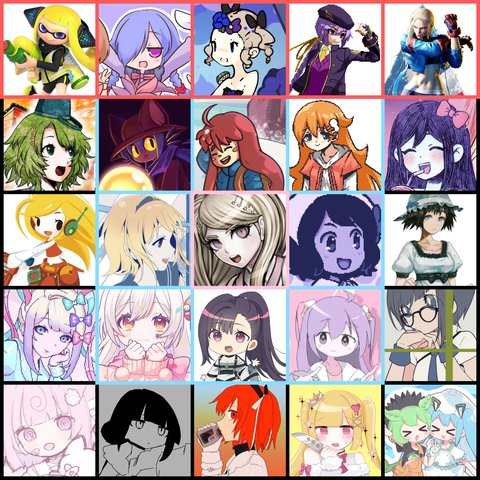 A 5x5 grid of characters, from left to right/top to bottom: Agent 3 from Splatoon, Ceoreparque from 100% Orange Juice, Lich of Flowers from Maiden & Spell, Eltnum from Under Night: In-Birth, Cammy from Street Fighter 6 Kanna from Your Turn to Die, Niko from OneShot, Madeline from Celeste, Hazuki from Hazuki Dies, Aubrey from OMORI Curly Brace from Cave Story, Namikare from "Even Tears Withered" by TUYU, Kaede Akamatsu from Danganronpa V3, Maiden from BAD END THEATER, Mayuri from Steins;Gate OMGkawaiiangel from Needy Streamer Overload, Manun-chan from "Sorry for being so cute" sung by Mafumafu, Yuno Kashiki from the MILGRAM project, the character from "Take medicine and go to sleep" by mochitsune, the character from "drop pop candy" by REOL the character used by the cover artist momone chinoi, Osage-chan from "Float Play" by inabakumori, the character from "Heat Abnormal" by iyowa, the character from "To be a princess...?" by Weak Fish, and the characters from "Sea Urchin Jellyfish" by namigroove.