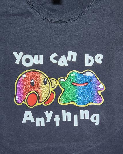 Kirby and ditto on a black t shirt. Both skin colors are in Rainbow.