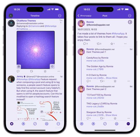 iPhone screenshots of Mona App for Mastodon custom theme called ‘Purpledon’: Featuring Lavender background, Iris for usernames and top bar background, Persian Indigo for Text, Very light blue for links.