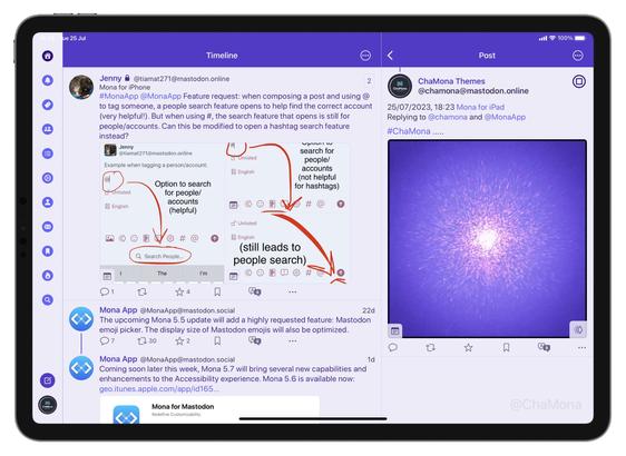 iPad screenshot of Mona App for Mastodon custom theme called ‘Purpledon’: Featuring Lavender background, Iris for usernames and top bar background, Persian Indigo for Text, Very light blue for links.