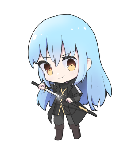 A chibi illustration of Rimuru from 'That Time I Reincarnated As A Slime' in his post-demon lord transformation outfit