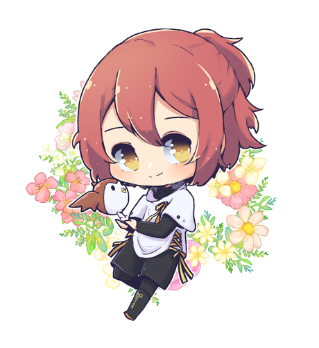 Chibi illustration of Hanasaki Miyabi from VTuber group Holostars with his mascot Kyoumu Suzume. There is a bright floral wreath behind him