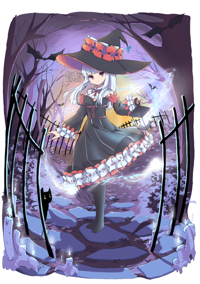 A original illustration of a witch in a black dress with white and red colour accents. She is holding a lamp with a flaming white wisp in a purple coloured background with trees, short iron spike fences and candles in the foreground