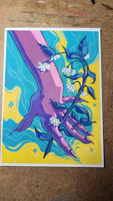 Gouache illustration of a purple and pink clawed hand on a yellow background with teal magic smoke. A sprig of blue and white jasmine is held between the fingers.