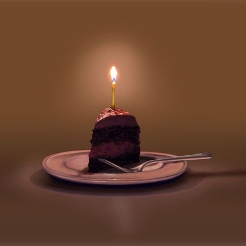 A piece of chocolate cake with icing and a single candle