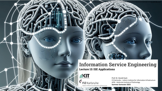 Cover Slide of the last Information Service Engineering 2023 lecture, ISE Applications 01. Picture created by ArtBot. Prompt: "The seeds of modern Artificial Intelligence were planted by philosophers who attempted to describe the process of human thinking as the mechanical manipulation of symbols. Deep learning is a class ….”,  created via ArtBot, Deliberate, 2023, [CC-BY-4.0]