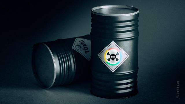 Two metal barrels, labeled as containing toxic waste, on a dark background.