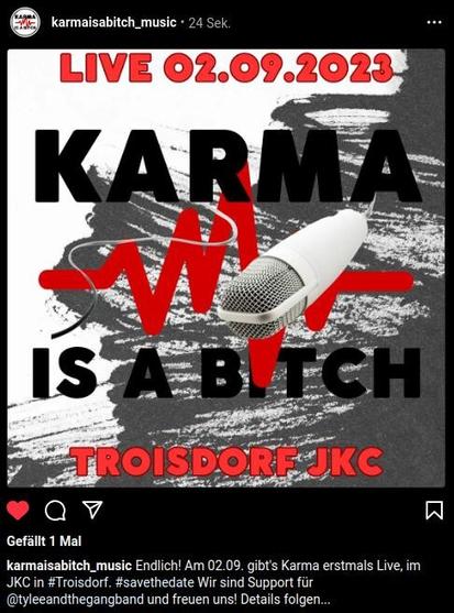 Vorankündigung: Die Band "Karma is a bitch" spielt am 02.09.2023 im JKC in Troisdorf.
