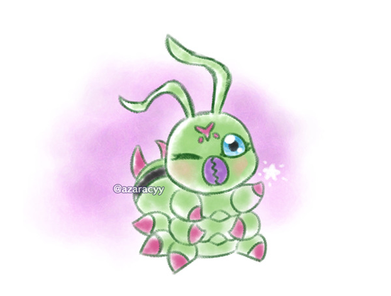 posting this before i get disowned by digimon fandom lol

a winking wormmon drawn in pencil brush and soft coloring style with purple airbrush background.