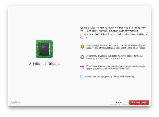 A screenshot of the elementary Installer showing a screen where you can become informed about and choose to install additional third-party proprietary hardware drivers