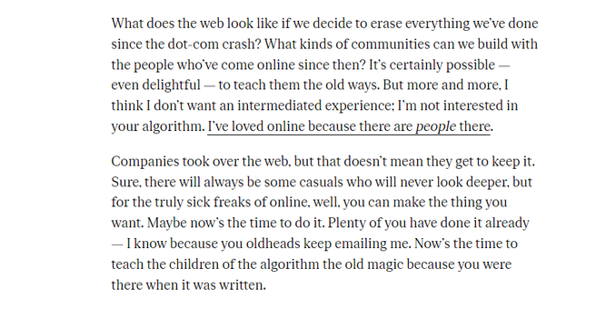 A screenshot of the Verge article on web 1.0, what it looks like since the dot com crash, companies took the web but we can take it back, the sick freaks can make our own stuff. ha!